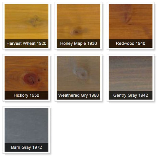 Deck Defense color chart - 7 stain colors including Harvest Wheat, Redwood, Hickory and Barn Gray