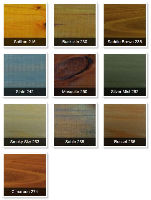 Wood stain color chart - 10 shades including Saffron, Saddle Brown, Slate and Mesquite