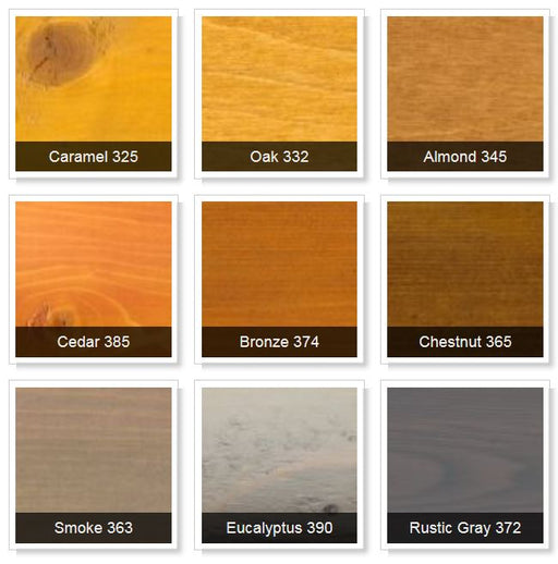 Lifeline Ultra-7 wood stain color chart: Caramel, Oak, Almond, Cedar, Bronze, Chestnut, Smoke, Eucalyptus, Rustic Gray